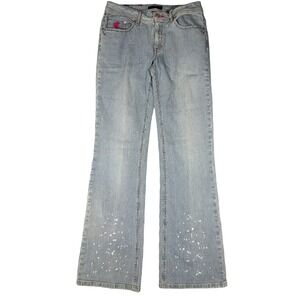 Vintage Rocawear Pinstripe Paint Splatter Flare Jeans Blue White Juniors Size 9